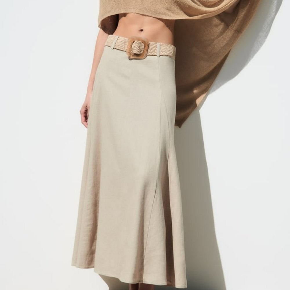 Zara linen blend midi skirt light beige Sz XL - Picture 2 of 7